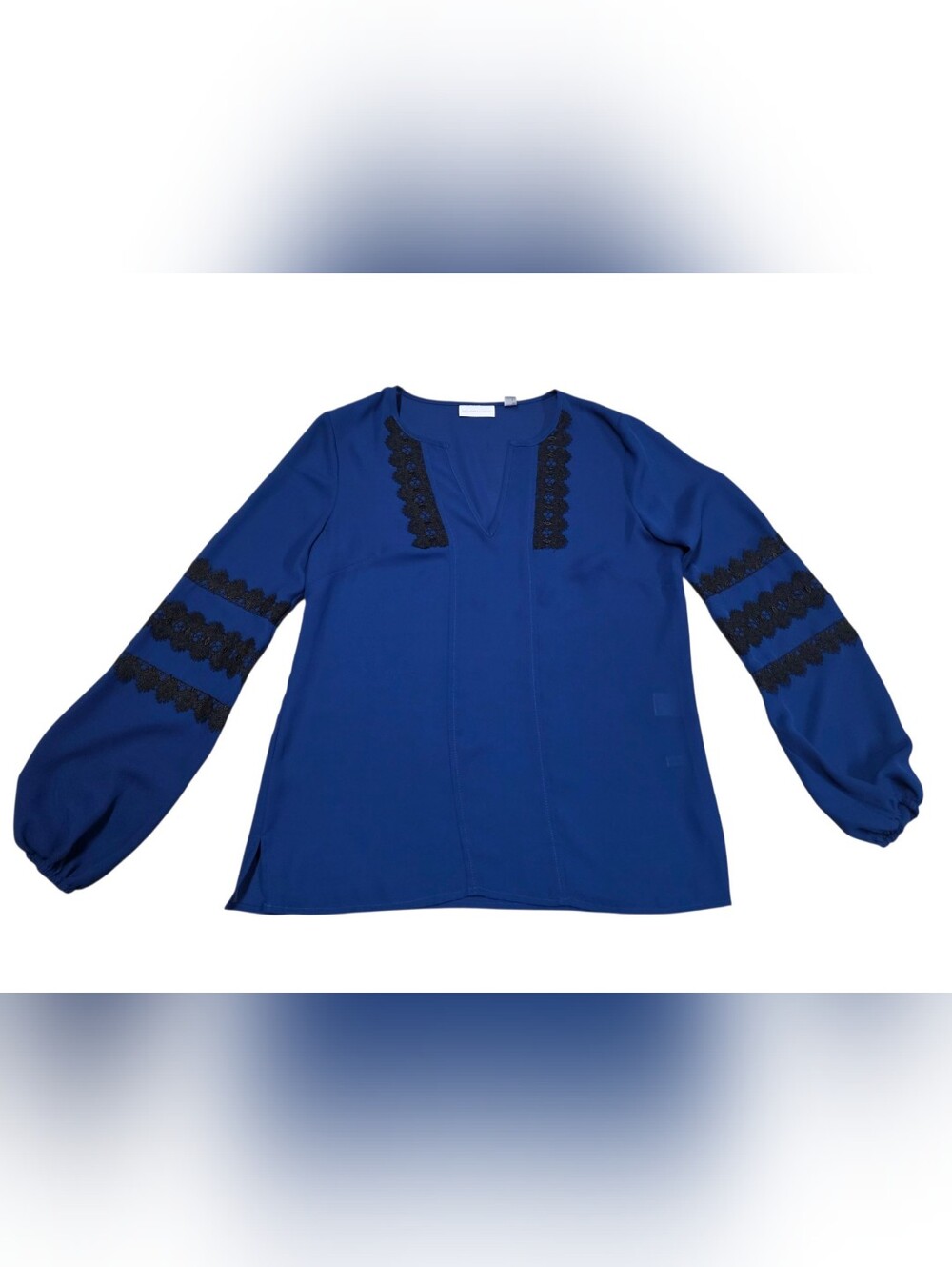New York & Company Royal Blue Split-Neck Tunic with Black Lace Insets
